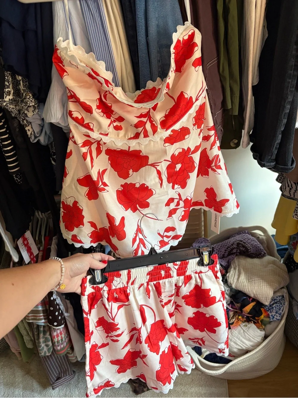 NWT Strapless Floral Romper in White with Red Flowers